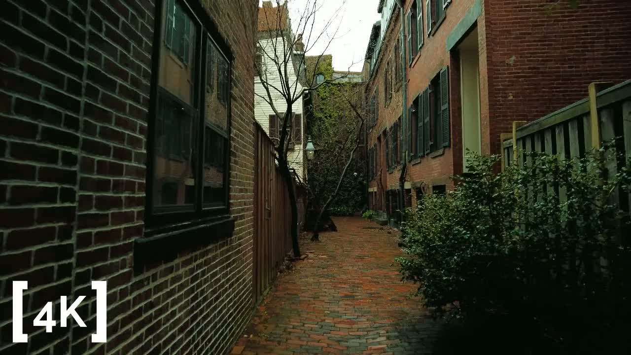 Beacon Hill, Boston at afternoon after rain: a narrow brick-paved lane between rowhouses, still dark with wet