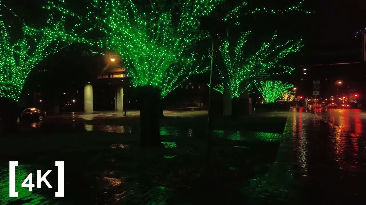 Boston at night in winter rain: trees strung with green Christmas lights over a wet brick sidewalk.