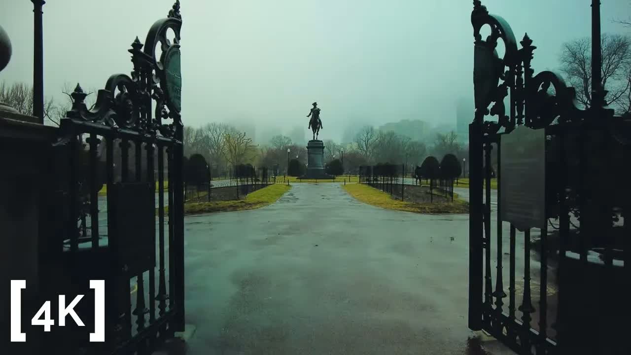 The Boston Garden at morning in rain: wrought-iron gates open onto a wet path toward the equestrian statue, fog behind.