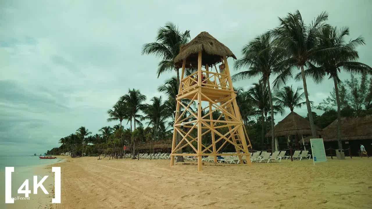 Playa del Carmen at sunrise in overcast light: a wooden lifeguard tower with a thatched roof above rows of empty beach loungers