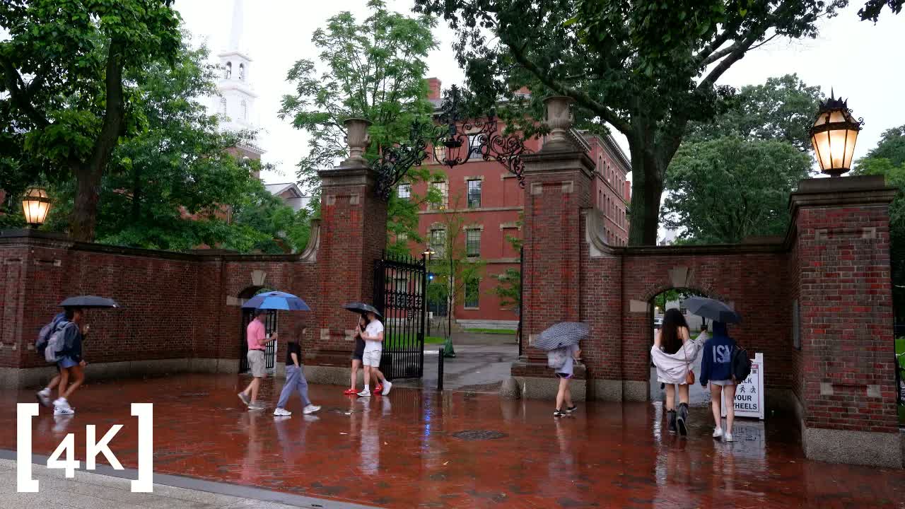 Harvard Yard at dusk in rain: figures with umbrellas passing the brick gate above wet red pavement