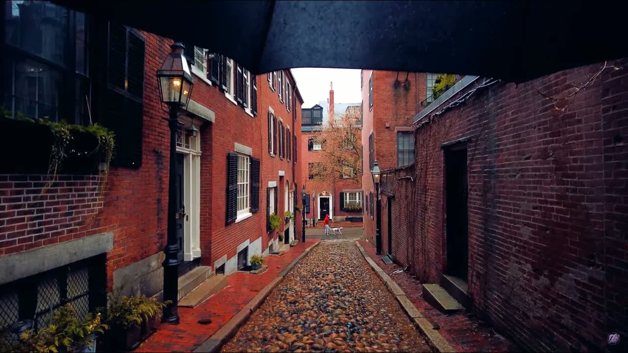 Beacon Hill in daytime rain: a lit gas lamp over wet cobblestones, seen from under the edge of a black umbrella.